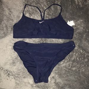 Two piece navy blue sporty swimsuit.